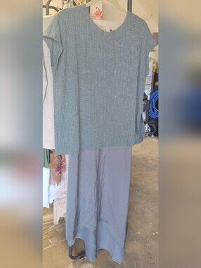 Joyfolie Asymmetrical Ribbed Knit Top in Sage Green and Gray Maxi Dress